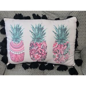 Hot Now Pillow Pineapples Beiges Pink Green With Black Tassels Approx 19" X 13"